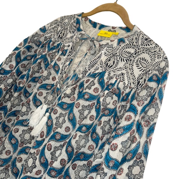 Roberta Roller Rabbit blue Moroccan Tile Indian Block Print tunic top XS - Picture 8 of 8